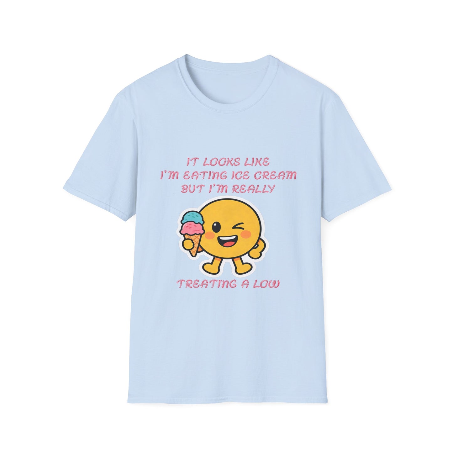 Funny Diabetes T-Shirt – Emoji Eating Ice Cream “Treating a Low” Tee