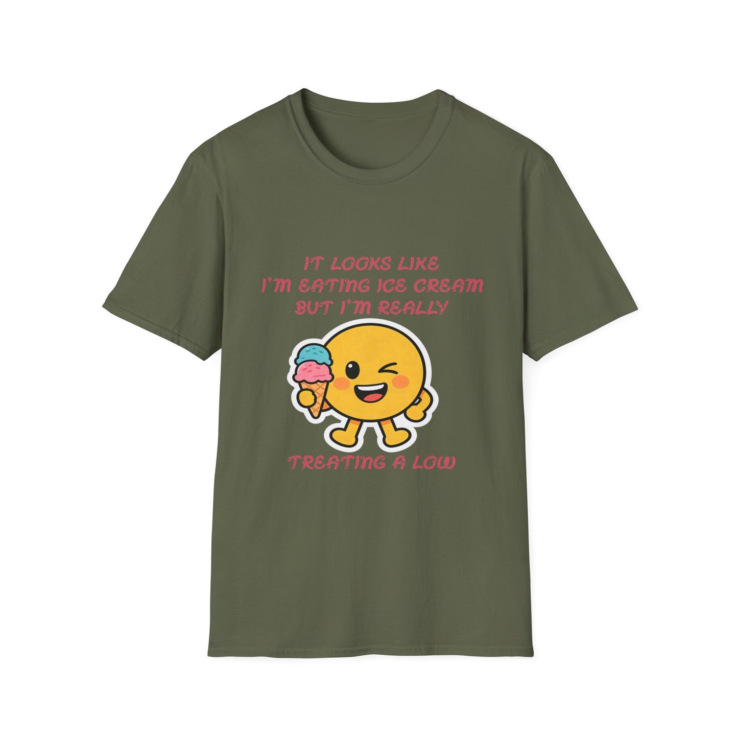 Funny Diabetes T-Shirt – Emoji Eating Ice Cream “Treating a Low” Tee