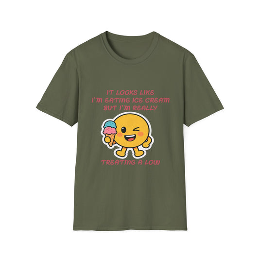 Funny Diabetes T-Shirt – Emoji Eating Ice Cream “Treating a Low” Tee