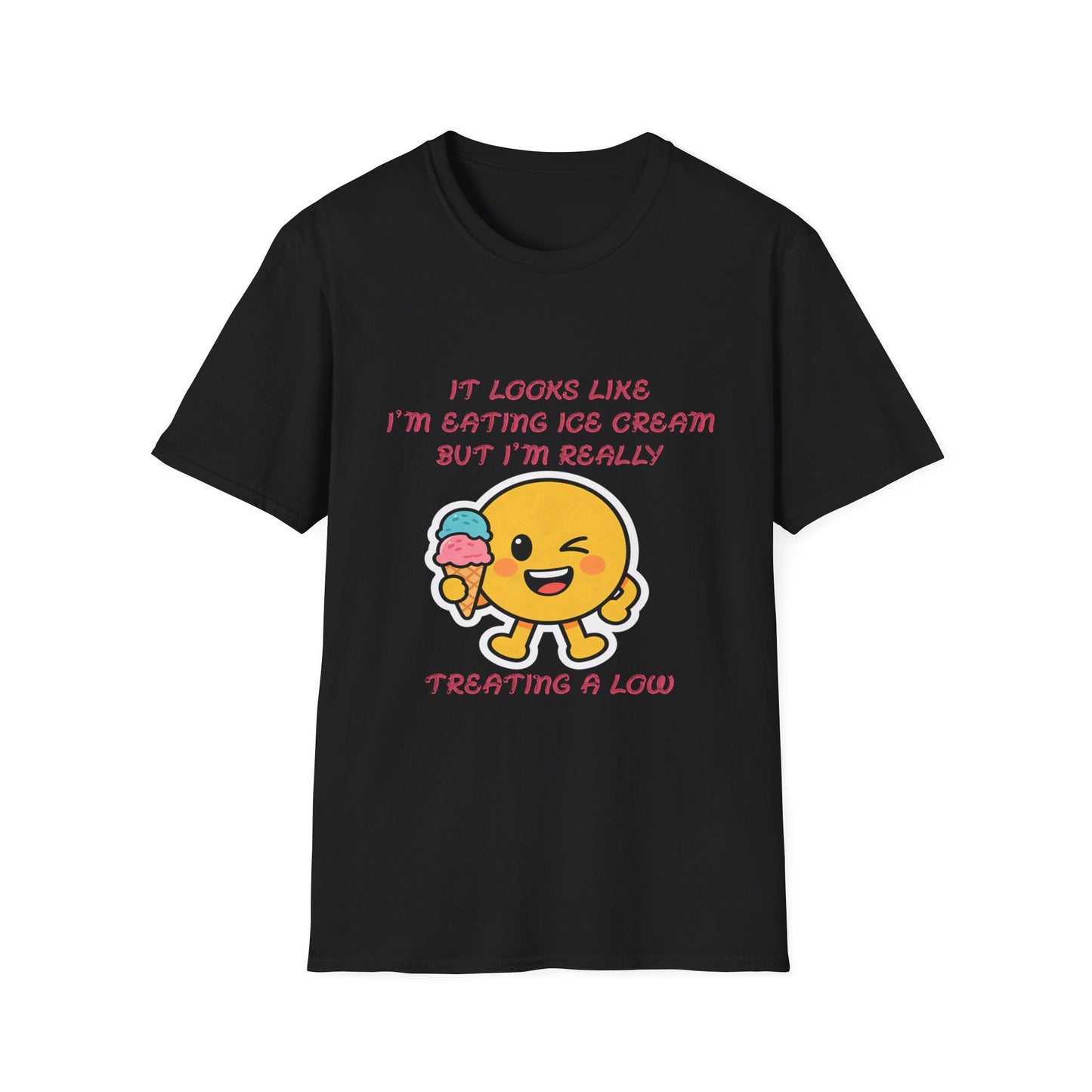 Funny Diabetes T-Shirt – Emoji Eating Ice Cream “Treating a Low” Tee