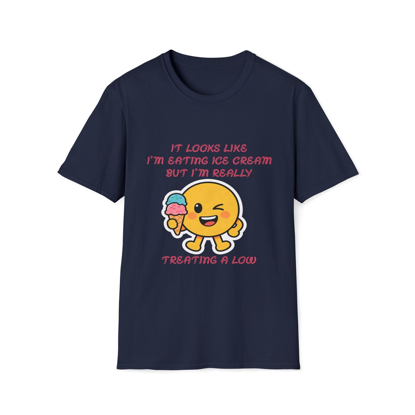 Funny Diabetes T-Shirt – Emoji Eating Ice Cream “Treating a Low” Tee