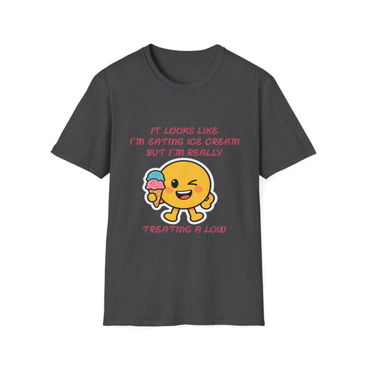 Funny Diabetes T-Shirt – Emoji Eating Ice Cream “Treating a Low” Tee